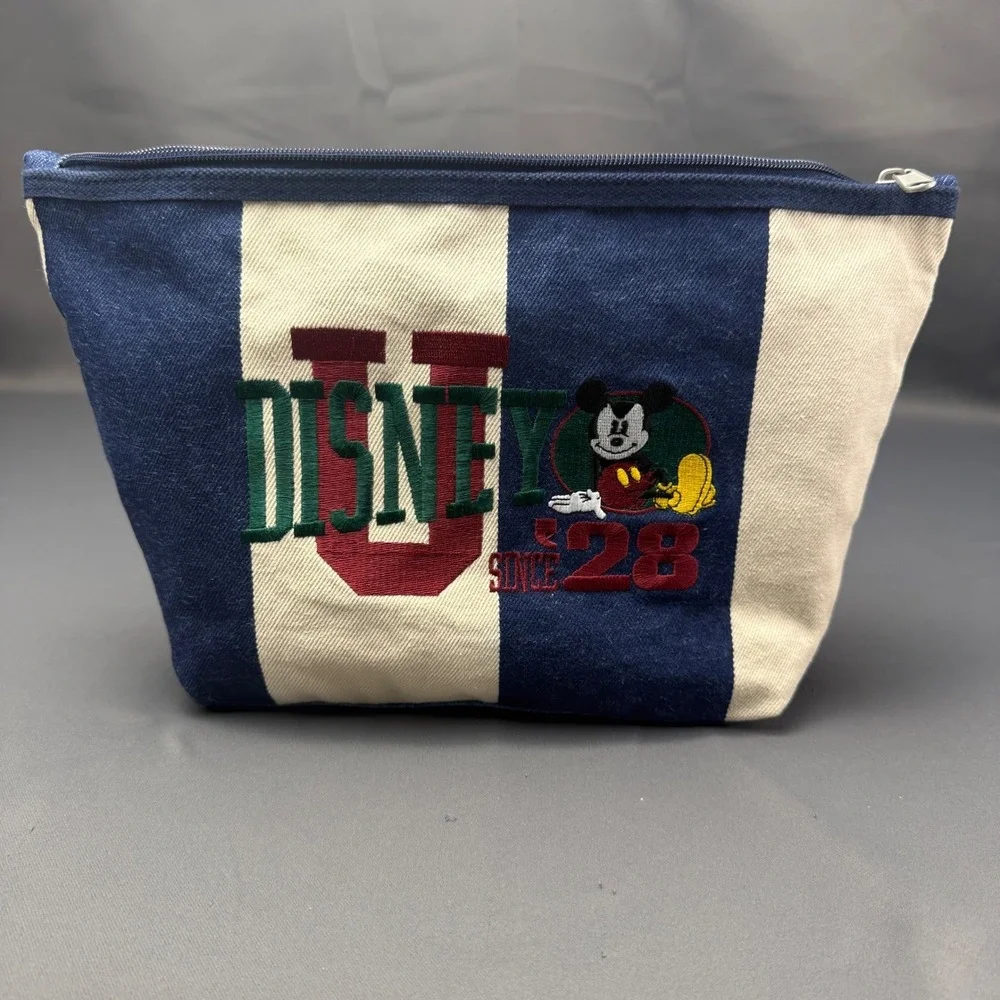 Disney Mickey Mouse Vintage Striped Canvas & Denim Cosmetic Bag Navy Cream Pouch